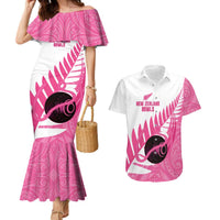 New Zealand Lawn Bowls Breast Cancer Custom Couples Matching Mermaid Dress and Hawaiian Shirt Aotearoa Maori Silver Fern Pink Ribbon LT14 Pink - Polynesian Pride