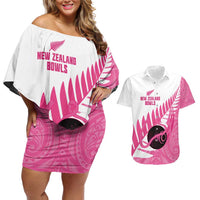 New Zealand Lawn Bowls Breast Cancer Custom Couples Matching Off Shoulder Short Dress and Hawaiian Shirt Aotearoa Maori Silver Fern Pink Ribbon LT14 Pink - Polynesian Pride