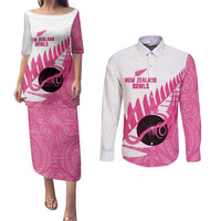 New Zealand Lawn Bowls Breast Cancer Custom Couples Matching Puletasi and Long Sleeve Button Shirt Aotearoa Maori Silver Fern Pink Ribbon LT14 Pink - Polynesian Pride