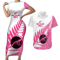 New Zealand Lawn Bowls Breast Cancer Custom Couples Matching Short Sleeve Bodycon Dress and Hawaiian Shirt Aotearoa Maori Silver Fern Pink Ribbon LT14 Pink - Polynesian Pride