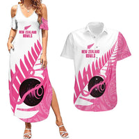 New Zealand Lawn Bowls Breast Cancer Custom Couples Matching Summer Maxi Dress and Hawaiian Shirt Aotearoa Maori Silver Fern Pink Ribbon LT14 Pink - Polynesian Pride