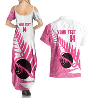 New Zealand Lawn Bowls Breast Cancer Custom Couples Matching Summer Maxi Dress and Hawaiian Shirt Aotearoa Maori Silver Fern Pink Ribbon LT14 - Polynesian Pride
