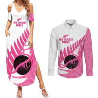 New Zealand Lawn Bowls Breast Cancer Custom Couples Matching Summer Maxi Dress and Long Sleeve Button Shirt Aotearoa Maori Silver Fern Pink Ribbon LT14 Pink - Polynesian Pride