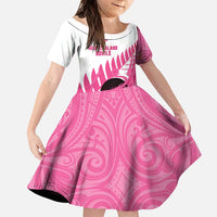 New Zealand Lawn Bowls Breast Cancer Custom Family Matching Long Sleeve Bodycon Dress and Hawaiian Shirt Aotearoa Maori Silver Fern Pink Ribbon LT14 Daughter's Dress Pink - Polynesian Pride