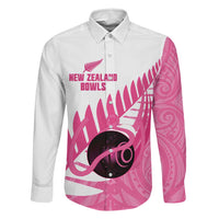 New Zealand Lawn Bowls Breast Cancer Custom Family Matching Mermaid Dress and Hawaiian Shirt Aotearoa Maori Silver Fern Pink Ribbon LT14 Dad's Shirt - Long Sleeve Pink - Polynesian Pride
