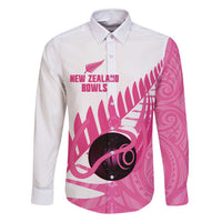 New Zealand Lawn Bowls Breast Cancer Custom Family Matching Summer Maxi Dress and Hawaiian Shirt Aotearoa Maori Silver Fern Pink Ribbon LT14 Dad's Shirt - Long Sleeve Pink - Polynesian Pride
