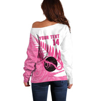New Zealand Lawn Bowls Breast Cancer Custom Off Shoulder Sweater Aotearoa Maori Silver Fern Pink Ribbon - Polynesian Pride