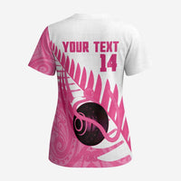 New Zealand Lawn Bowls Breast Cancer Custom Scrub Top Aotearoa Maori Silver Fern Pink Ribbon LT14 - Polynesian Pride