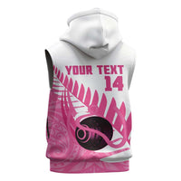 New Zealand Lawn Bowls Breast Cancer Custom Sleeveless Zip Hoodie Aotearoa Maori Silver Fern Pink Ribbon - Polynesian Pride