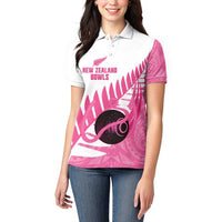 New Zealand Lawn Bowls Breast Cancer Custom Women Polo Shirt Aotearoa Maori Silver Fern Pink Ribbon - Polynesian Pride