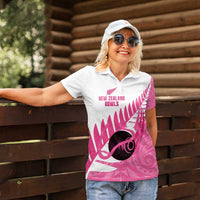 New Zealand Lawn Bowls Breast Cancer Custom Women Polo Shirt Aotearoa Maori Silver Fern Pink Ribbon LT14 - Polynesian Pride
