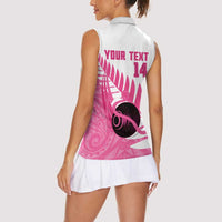 New Zealand Lawn Bowls Breast Cancer Custom Women Sleeveless Polo Shirt Aotearoa Maori Silver Fern Pink Ribbon - Polynesian Pride