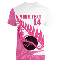 New Zealand Lawn Bowls Breast Cancer Custom Women V-Neck T-Shirt Aotearoa Maori Silver Fern Pink Ribbon LT14 - Polynesian Pride