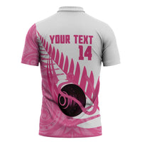 New Zealand Lawn Bowls Breast Cancer Custom Zipper Polo Shirt Aotearoa Maori Silver Fern Pink Ribbon LT14 - Polynesian Pride