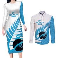 New Zealand Lawn Bowls Prostate Cancer Custom Couples Matching Long Sleeve Bodycon Dress and Long Sleeve Button Shirt Aotearoa Maori Silver Fern Blue Ribbon - Polynesian Pride