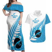 New Zealand Lawn Bowls Prostate Cancer Custom Couples Matching Off Shoulder Maxi Dress and Hawaiian Shirt Aotearoa Maori Silver Fern Blue Ribbon LT14 Blue - Polynesian Pride