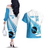 New Zealand Lawn Bowls Prostate Cancer Custom Couples Matching Off The Shoulder Long Sleeve Dress and Hawaiian Shirt Aotearoa Maori Silver Fern Blue Ribbon LT14 - Polynesian Pride