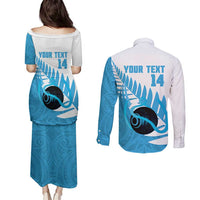 New Zealand Lawn Bowls Prostate Cancer Custom Couples Matching Puletasi and Long Sleeve Button Shirt Aotearoa Maori Silver Fern Blue Ribbon LT14 - Polynesian Pride