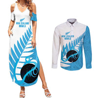 New Zealand Lawn Bowls Prostate Cancer Custom Couples Matching Summer Maxi Dress and Long Sleeve Button Shirt Aotearoa Maori Silver Fern Blue Ribbon LT14 Blue - Polynesian Pride