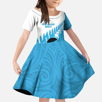 New Zealand Lawn Bowls Prostate Cancer Custom Family Matching Off Shoulder Maxi Dress and Hawaiian Shirt Aotearoa Maori Silver Fern Blue Ribbon LT14 Daughter's Dress Blue - Polynesian Pride