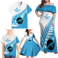 New Zealand Lawn Bowls Prostate Cancer Custom Family Matching Off Shoulder Maxi Dress and Hawaiian Shirt Aotearoa Maori Silver Fern Blue Ribbon LT14 - Polynesian Pride