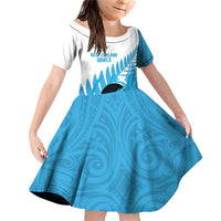 New Zealand Lawn Bowls Prostate Cancer Custom Family Matching Off Shoulder Short Dress and Hawaiian Shirt Aotearoa Maori Silver Fern Blue Ribbon LT14 Daughter's Dress Blue - Polynesian Pride