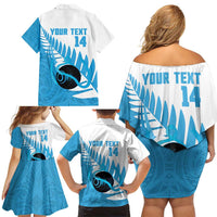 New Zealand Lawn Bowls Prostate Cancer Custom Family Matching Off Shoulder Short Dress and Hawaiian Shirt Aotearoa Maori Silver Fern Blue Ribbon LT14 - Polynesian Pride
