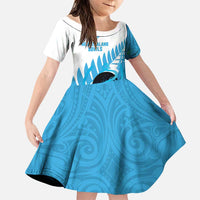 New Zealand Lawn Bowls Prostate Cancer Custom Family Matching Puletasi and Hawaiian Shirt Aotearoa Maori Silver Fern Blue Ribbon LT14 Daughter's Dress Blue - Polynesian Pride