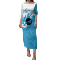 New Zealand Lawn Bowls Prostate Cancer Custom Family Matching Puletasi and Hawaiian Shirt Aotearoa Maori Silver Fern Blue Ribbon LT14 Mom's Dress Blue - Polynesian Pride