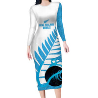 New Zealand Lawn Bowls Prostate Cancer Custom Long Sleeve Bodycon Dress Aotearoa Maori Silver Fern Blue Ribbon - Polynesian Pride