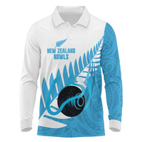 New Zealand Lawn Bowls Prostate Cancer Custom Long Sleeve Polo Shirt Aotearoa Maori Silver Fern Blue Ribbon - Polynesian Pride