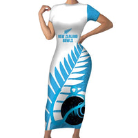 New Zealand Lawn Bowls Prostate Cancer Custom Short Sleeve Bodycon Dress Aotearoa Maori Silver Fern Blue Ribbon - Polynesian Pride