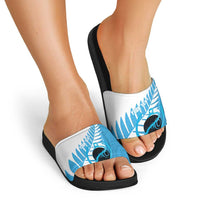 New Zealand Lawn Bowls Prostate Cancer Custom Slide Sandals Aotearoa Maori Silver Fern Blue Ribbon - Polynesian Pride