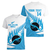 New Zealand Lawn Bowls Prostate Cancer Custom Women V-Neck T-Shirt Aotearoa Maori Silver Fern Blue Ribbon LT14 - Polynesian Pride