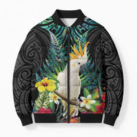 Sulphur-crested Cockatoo New Zealand Bomber Puffer Jacket Paua Shell Aotearoa Maori Tropical Flowers - Polynesian Pride