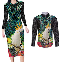 Sulphur-crested Cockatoo New Zealand Couples Matching Long Sleeve Bodycon Dress and Long Sleeve Button Shirt Paua Shell Aotearoa Maori Tropical Flowers - Polynesian Pride