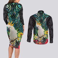 Sulphur-crested Cockatoo New Zealand Couples Matching Long Sleeve Bodycon Dress and Long Sleeve Button Shirt Paua Shell Aotearoa Maori Tropical Flowers - Polynesian Pride