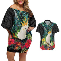 Sulphur-crested Cockatoo New Zealand Couples Matching Off Shoulder Short Dress and Hawaiian Shirt Paua Shell Aotearoa Maori Tropical Flowers LT14 Black - Polynesian Pride