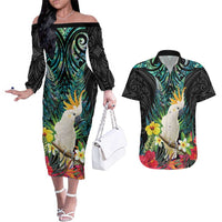 Sulphur-crested Cockatoo New Zealand Couples Matching Off The Shoulder Long Sleeve Dress and Hawaiian Shirt Paua Shell Aotearoa Maori Tropical Flowers - Polynesian Pride