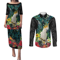 Sulphur-crested Cockatoo New Zealand Couples Matching Puletasi and Long Sleeve Button Shirt Paua Shell Aotearoa Maori Tropical Flowers LT14 Black - Polynesian Pride