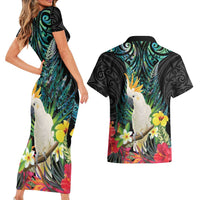 Sulphur-crested Cockatoo New Zealand Couples Matching Short Sleeve Bodycon Dress and Hawaiian Shirt Paua Shell Aotearoa Maori Tropical Flowers LT14 - Polynesian Pride