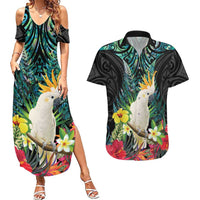 Sulphur-crested Cockatoo New Zealand Couples Matching Summer Maxi Dress and Hawaiian Shirt Paua Shell Aotearoa Maori Tropical Flowers LT14 Black - Polynesian Pride
