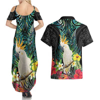 Sulphur-crested Cockatoo New Zealand Couples Matching Summer Maxi Dress and Hawaiian Shirt Paua Shell Aotearoa Maori Tropical Flowers LT14 - Polynesian Pride