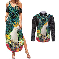 Sulphur-crested Cockatoo New Zealand Couples Matching Summer Maxi Dress and Long Sleeve Button Shirt Paua Shell Aotearoa Maori Tropical Flowers LT14 Black - Polynesian Pride
