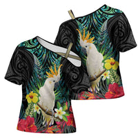 Sulphur-crested Cockatoo New Zealand Cross Shoulder Shirt Paua Shell Aotearoa Maori Tropical Flowers LT14 - Polynesian Pride