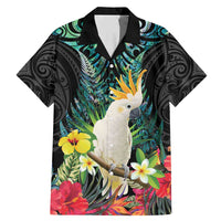 Sulphur-crested Cockatoo New Zealand Family Matching Mermaid Dress and Hawaiian Shirt Paua Shell Aotearoa Maori Tropical Flowers LT14 Dad's Shirt - Short Sleeve Black - Polynesian Pride