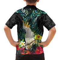 Sulphur-crested Cockatoo New Zealand Family Matching Off The Shoulder Long Sleeve Dress and Hawaiian Shirt Paua Shell Aotearoa Maori Tropical Flowers LT14 - Polynesian Pride