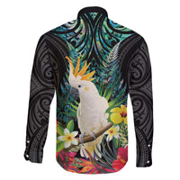 Sulphur-crested Cockatoo New Zealand Family Matching Off The Shoulder Long Sleeve Dress and Hawaiian Shirt Paua Shell Aotearoa Maori Tropical Flowers LT14 - Polynesian Pride