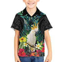 Sulphur-crested Cockatoo New Zealand Family Matching Off The Shoulder Long Sleeve Dress and Hawaiian Shirt Paua Shell Aotearoa Maori Tropical Flowers - Polynesian Pride