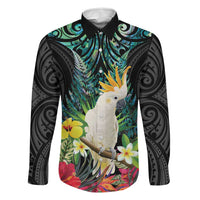 Sulphur-crested Cockatoo New Zealand Family Matching Puletasi and Hawaiian Shirt Paua Shell Aotearoa Maori Tropical Flowers LT14 Dad's Shirt - Long Sleeve Black - Polynesian Pride